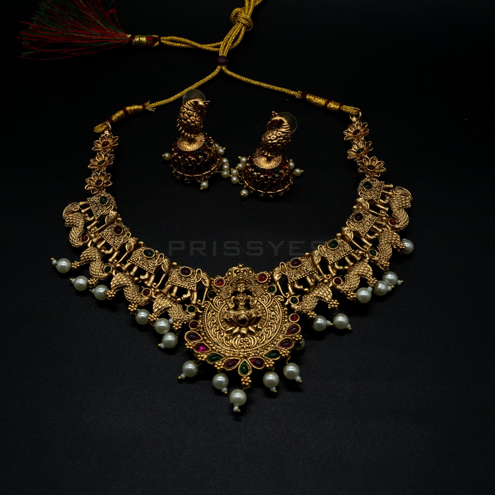 Laxmi and Elephant Design with Peacock and Pearl Necklace
