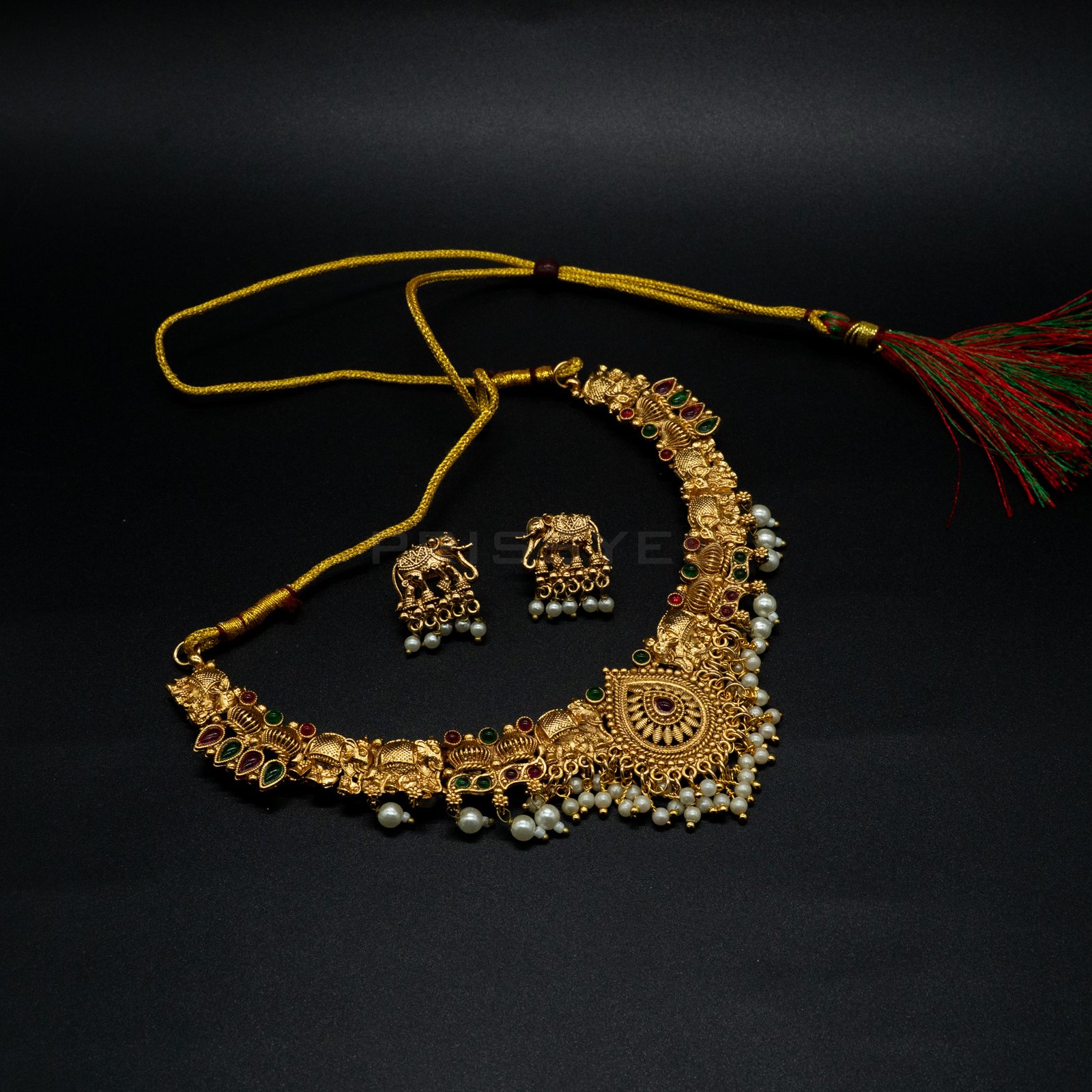 Elephant Lotus Pearl Design Brass Necklace